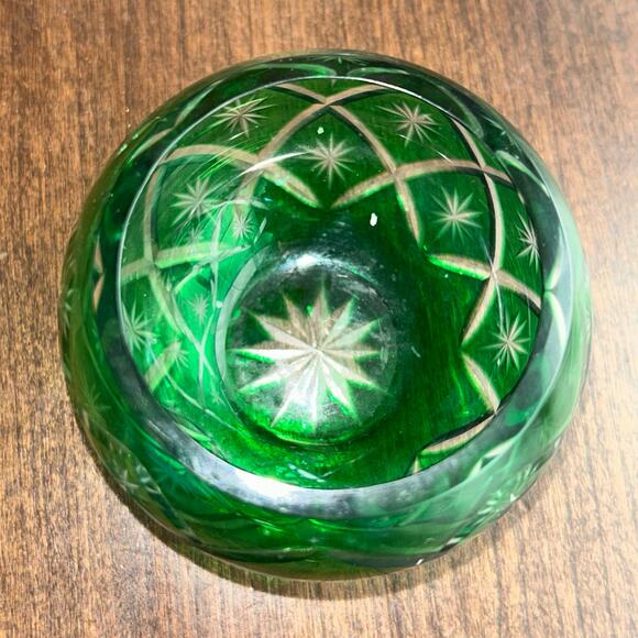 Vintage Art Glass Crystal Green Cut to Clear candle holder white barn candle co. - Picture 3 of 9